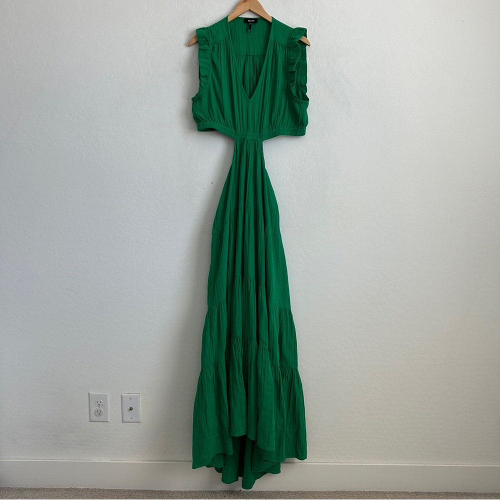 Me + Em Dress 12 Maxi Cheesecloth Cut Out Pockets Tiered Sleeveless Ruffle Green - Picture 3 of 15